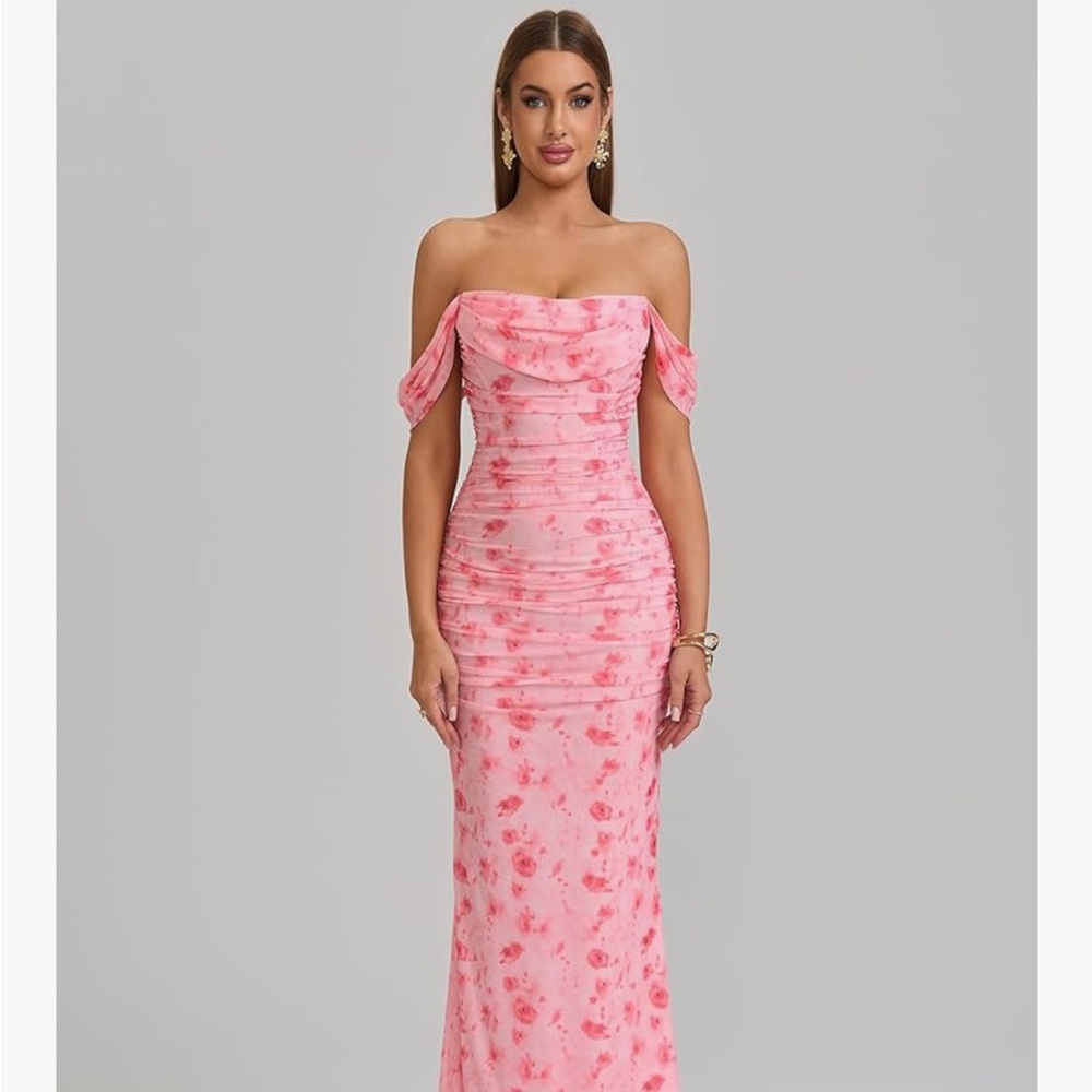 NWT Elegant Pink Floral Off-Shoulder Dress - Long Wedding Guest Bridesmaid